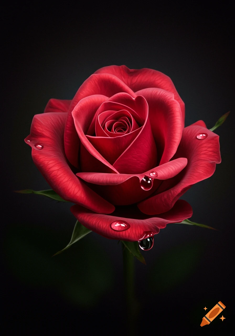 A vibrant red rose with several clear dew drops on its petals, set against a dark, blurred background in a photorealistic style.