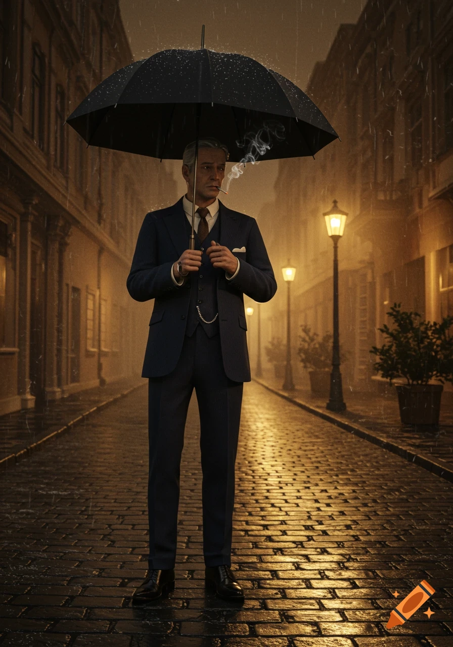 A man in a suit holds an umbrella and cigarette on a rainy, dimly lit cobblestone street at night.