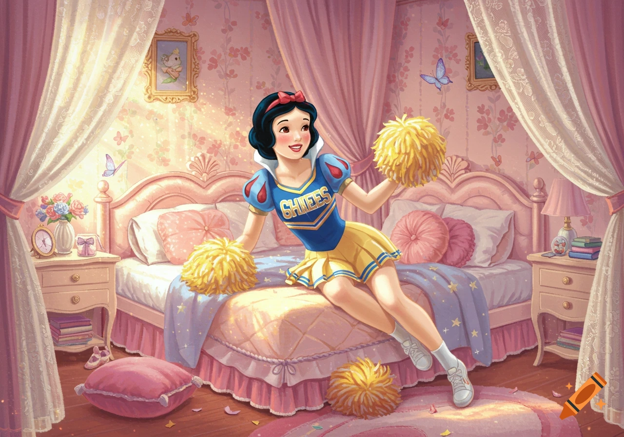 Snow White in a cheerleader outfit sits on a pink bed in a lavish pink bedroom, holding yellow pom-poms.