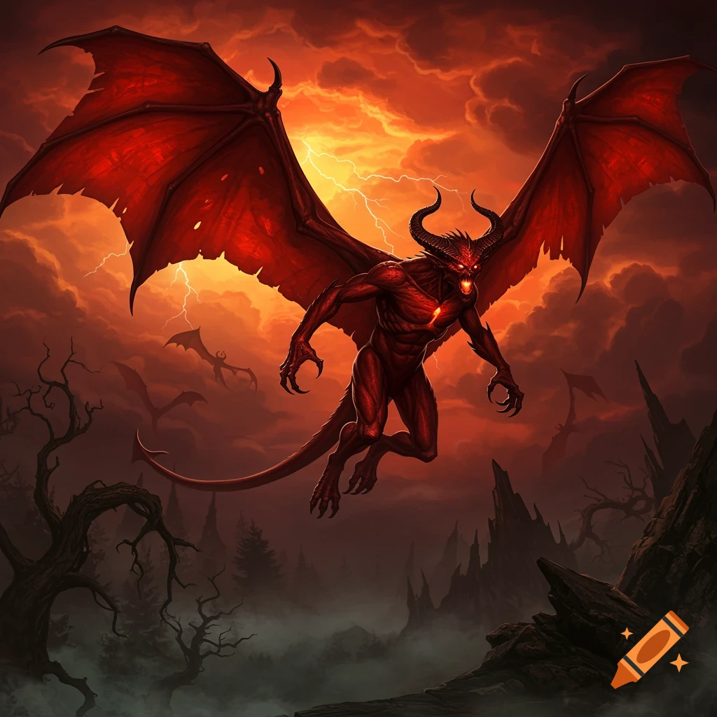 A monstrous red demon with large bat wings and horns flies against a fiery, lightning-filled sky over a dark, barren landscape.