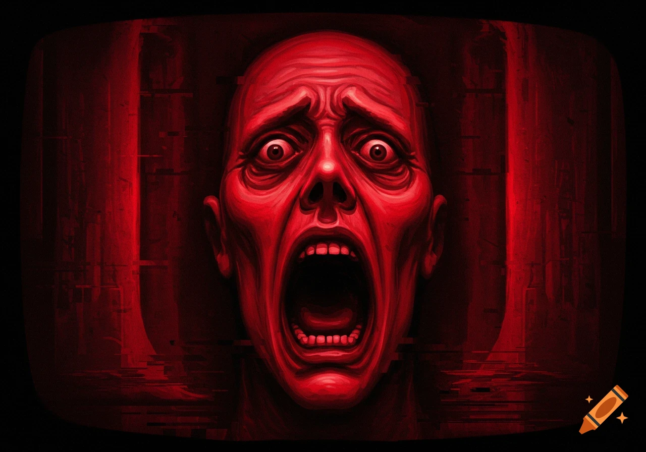A distorted, red screaming face with wide eyes and open mouth, surrounded by digital glitch effects in an analog horror style.