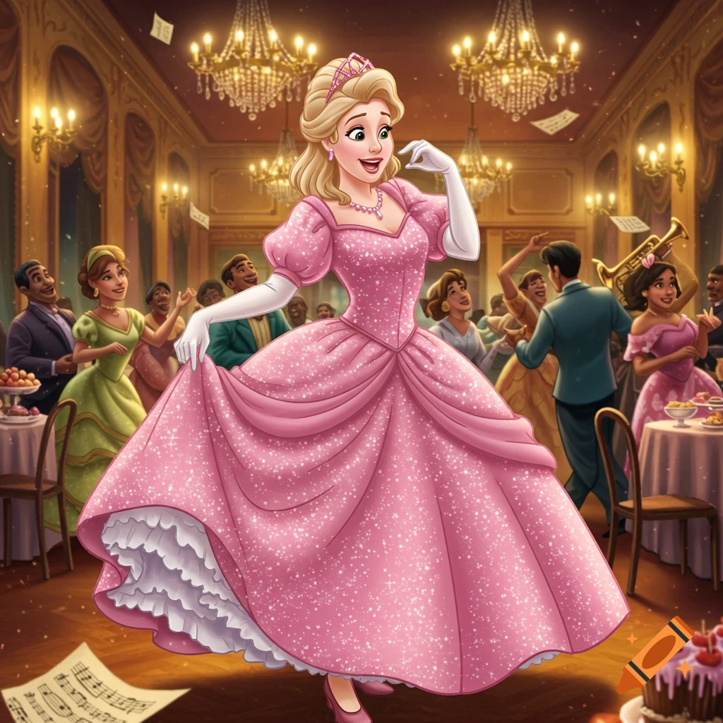 A cartoon-style image of a blonde princess in a sparkling pink gown dancing in a grand ballroom.