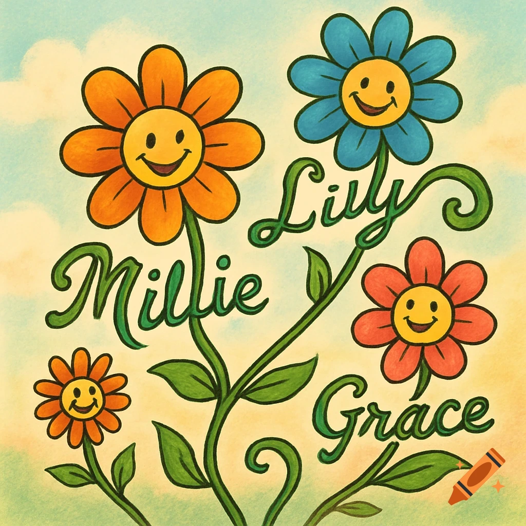 A whimsical cartoon illustration of colorful flowers with happy faces, with the names 'Millie', 'Lily', and 'Grace' written on their stems.