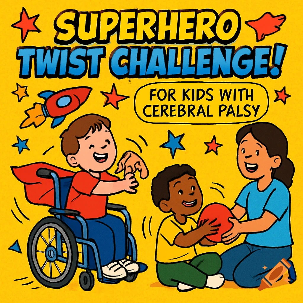 A colorful cartoon graphic for 'Superhero Twist Challenge' shows a boy in a wheelchair, another boy, and a woman playing with a ball, with stars and rockets.