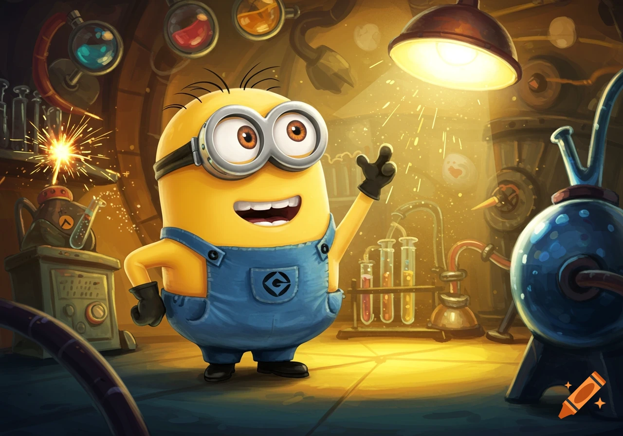 A cheerful Minion in a laboratory, surrounded by beakers and machinery, with sparks flying from a device on the left.