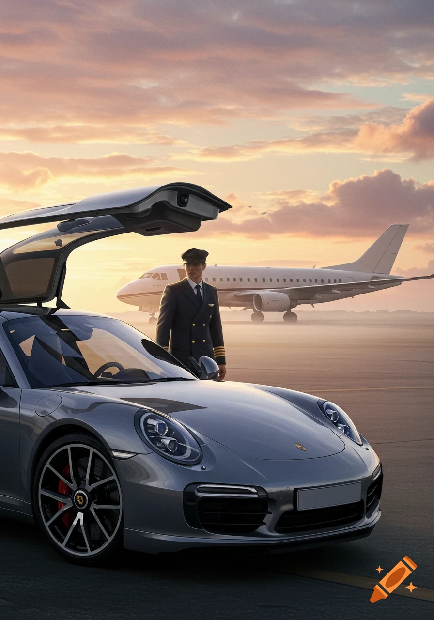 A pilot stands beside a grey Porsche with gull-wing doors open, on an airfield with a private jet behind him at sunset.