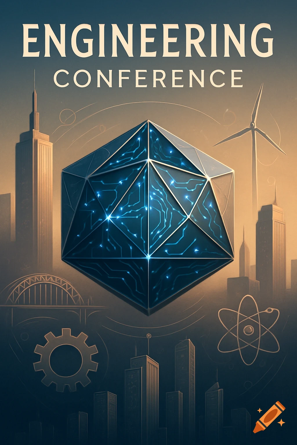An engineering conference poster featuring a glowing geometric circuit design, city skyline, wind turbine, and scientific symbols.