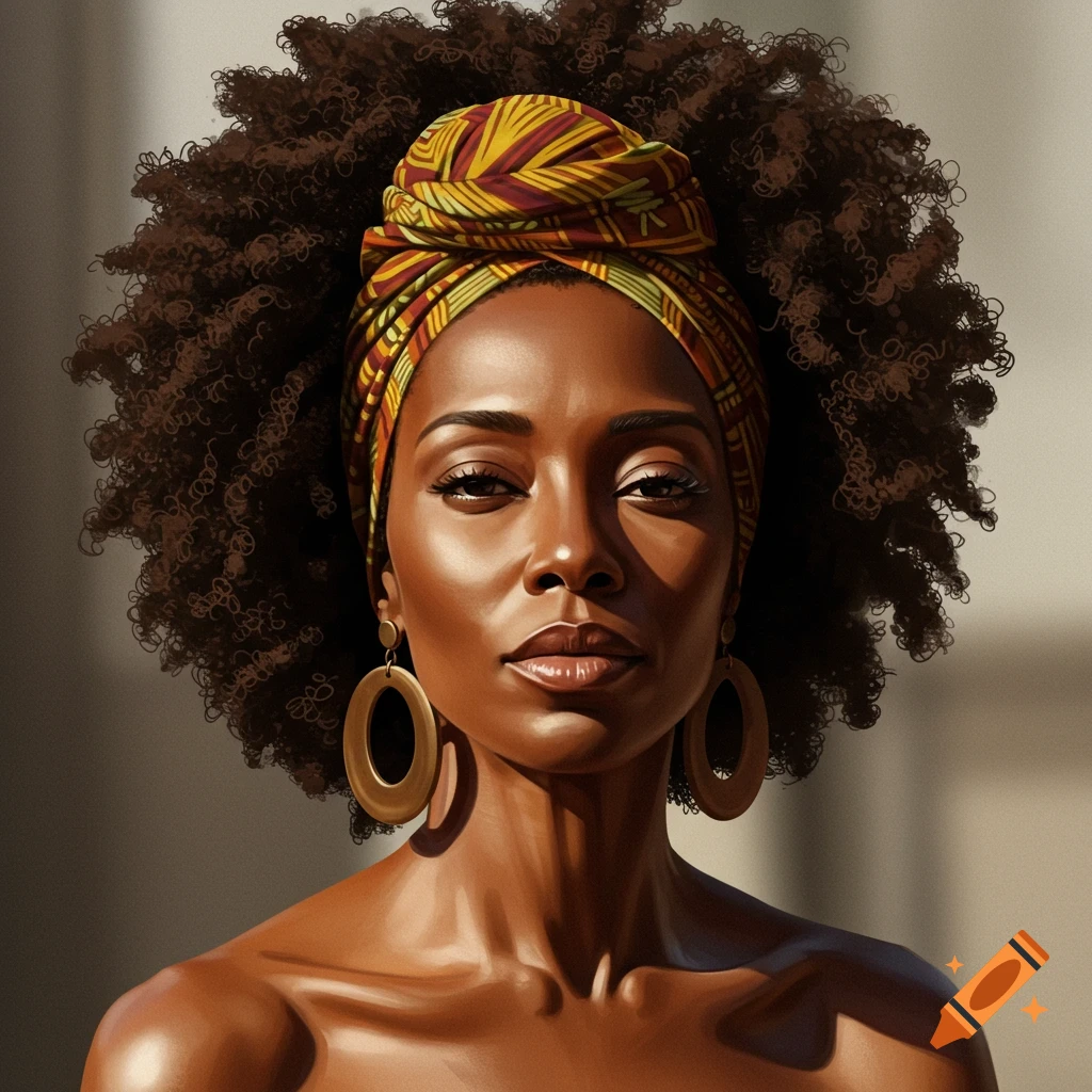 Photorealistic portrait of a beautiful African American woman with dark skin, an afro, a colorful headwrap, and large gold hoop earrings.