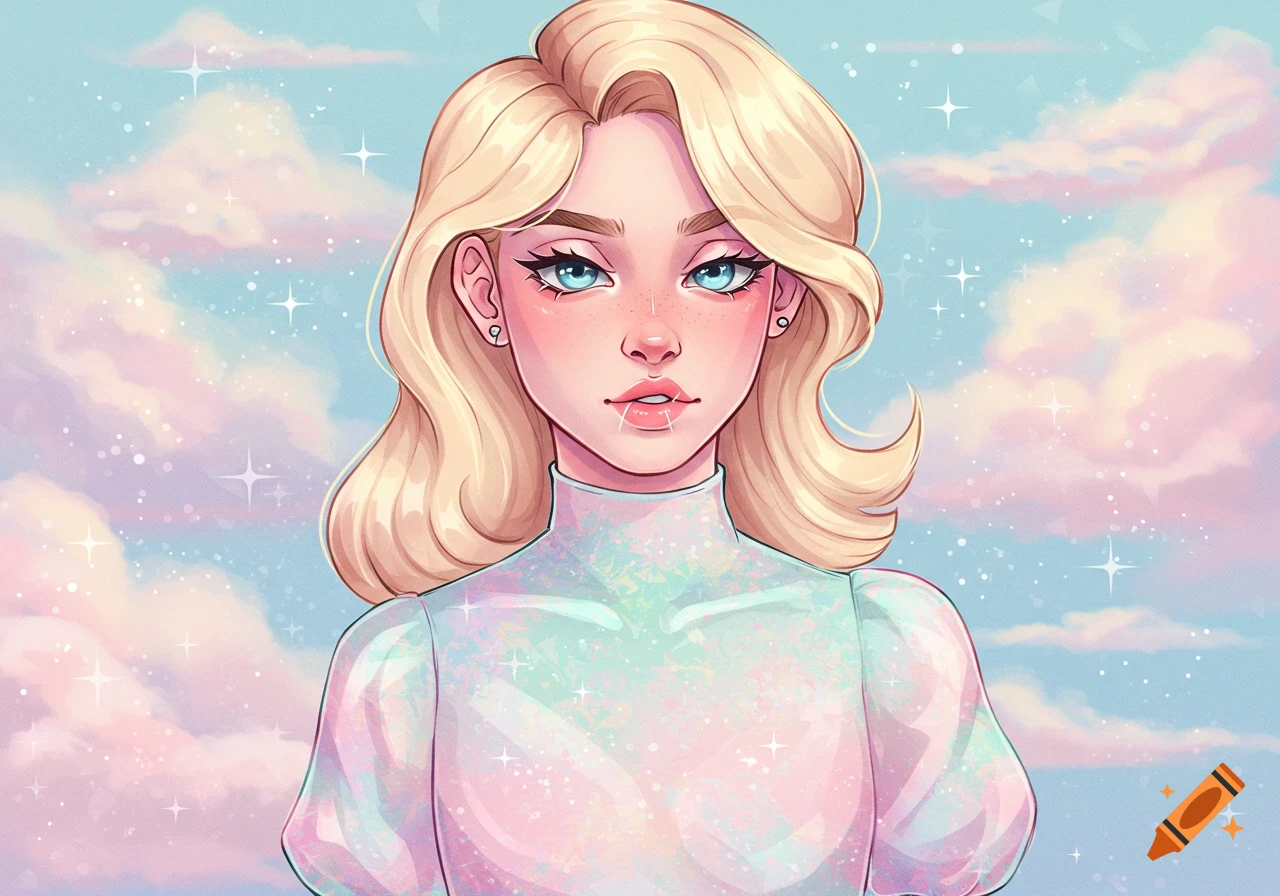 An illustrated portrait of a blonde woman with blue eyes and freckles, wearing a shimmering top, against a pastel sky with stars.
