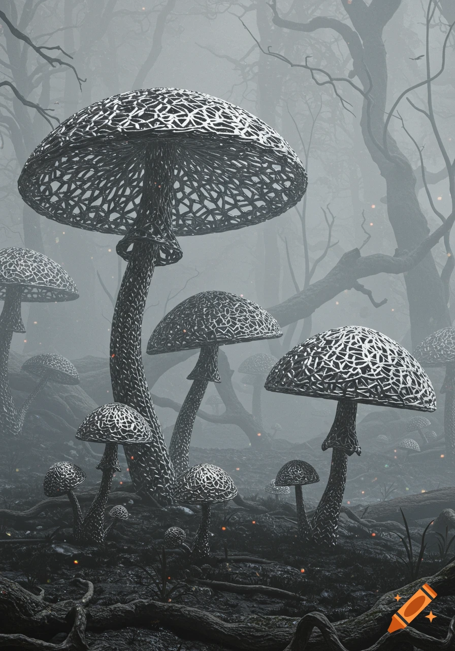 Intricate, metallic-patterned mushrooms stand in a foggy, dark forest with gnarled trees and roots, illuminated by small glowing specks.