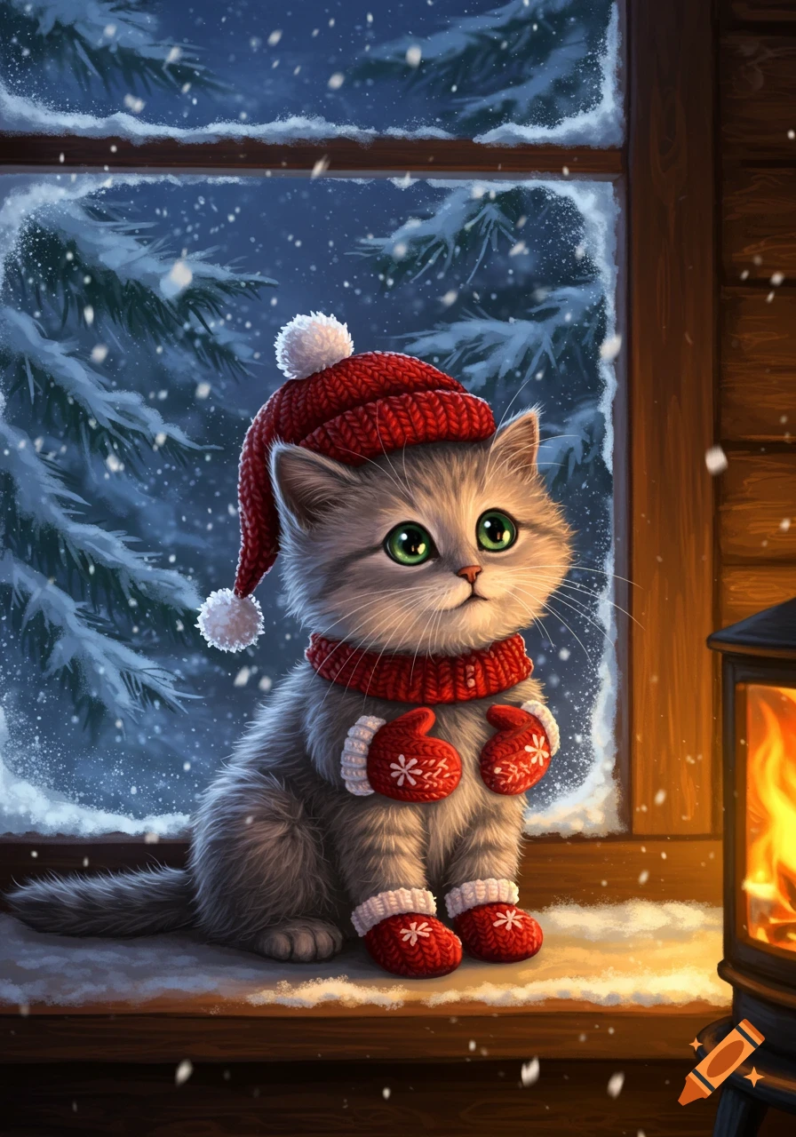 A fluffy gray kitten wearing a red knitted hat, scarf, mittens, and boots sits on a snowy windowsill looking at snow falling outside.
