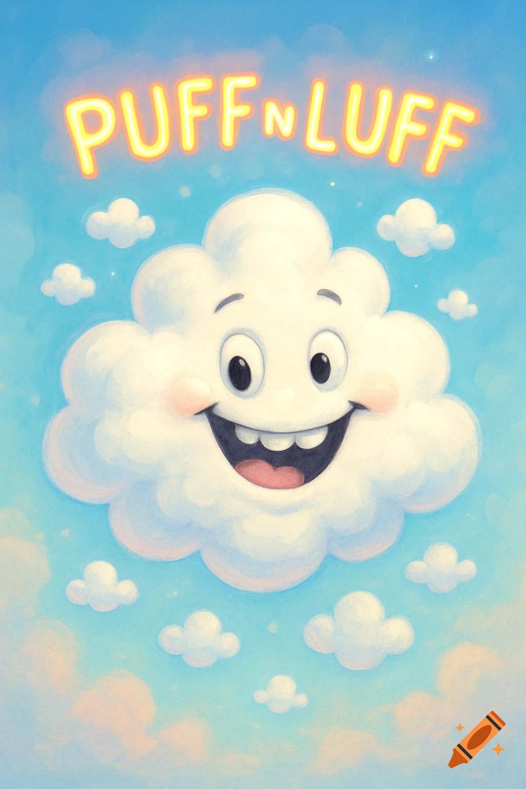 A cartoon cloud with a goofy smile floats in a blue sky, with 'PUFF N LUFF' in neon letters above.