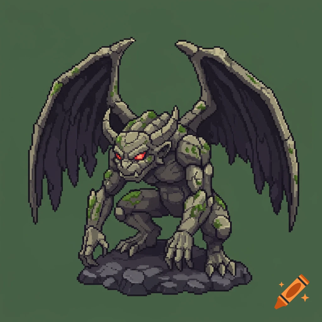 A crouched pixel art gargoyle monster made of cracked gray stone with green mossy patches, glowing red eyes, and jagged dark wings, perched on a rocky base.