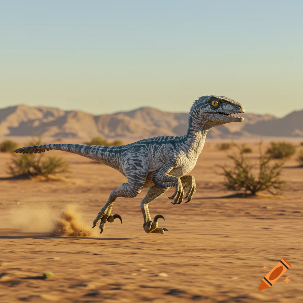 A photorealistic blue-grey velociraptor with yellow eyes runs through a sandy desert, kicking up dust.