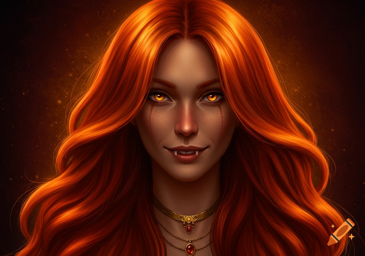 A close-up portrait of a woman with long red hair, glowing amber eyes, and fangs, set against a dark, warm background.
