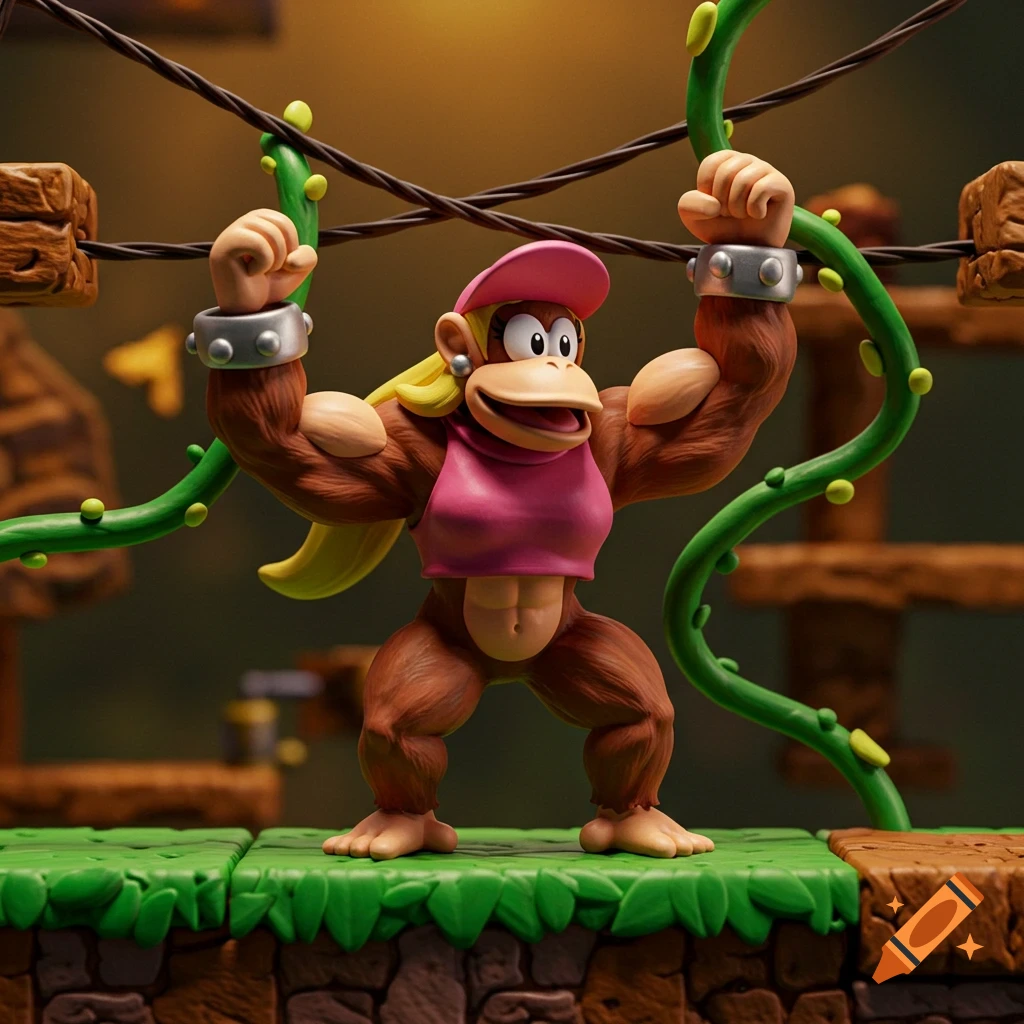 A muscular Dixie Kong clay model stands in a Donkey Kong Country 2D side-scrolling level, holding vines and flexing.