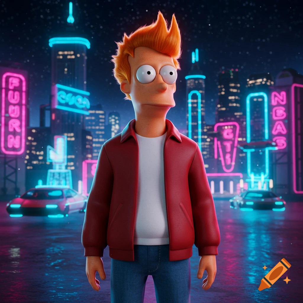 3D rendered Fry from Futurama in a red jacket, standing in a futuristic neon city at night with flying cars.