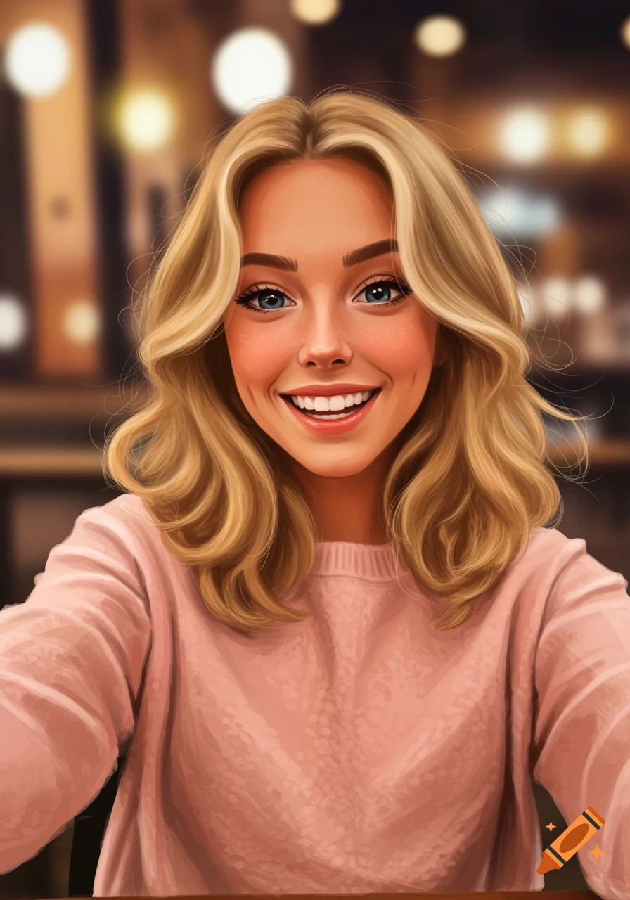 A digital art portrait of a smiling blonde woman with blue eyes taking a selfie, with a blurred indoor background.