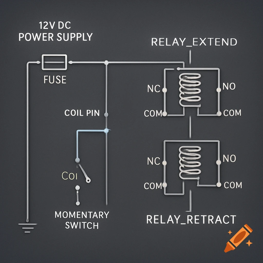 A circuit diagram showing a 12V DC power supply connected to a fuse, a momentary switch, and two DPDT relays labeled RELAY_EXTEND and RELAY_RETRACT.