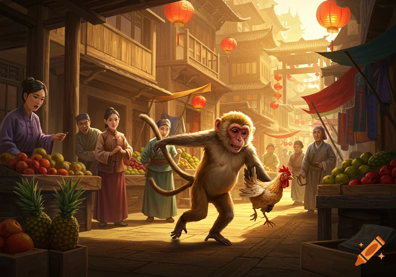 A mischievous monkey runs through a bustling outdoor Chinese market carrying a chicken, as vendors and onlookers react.