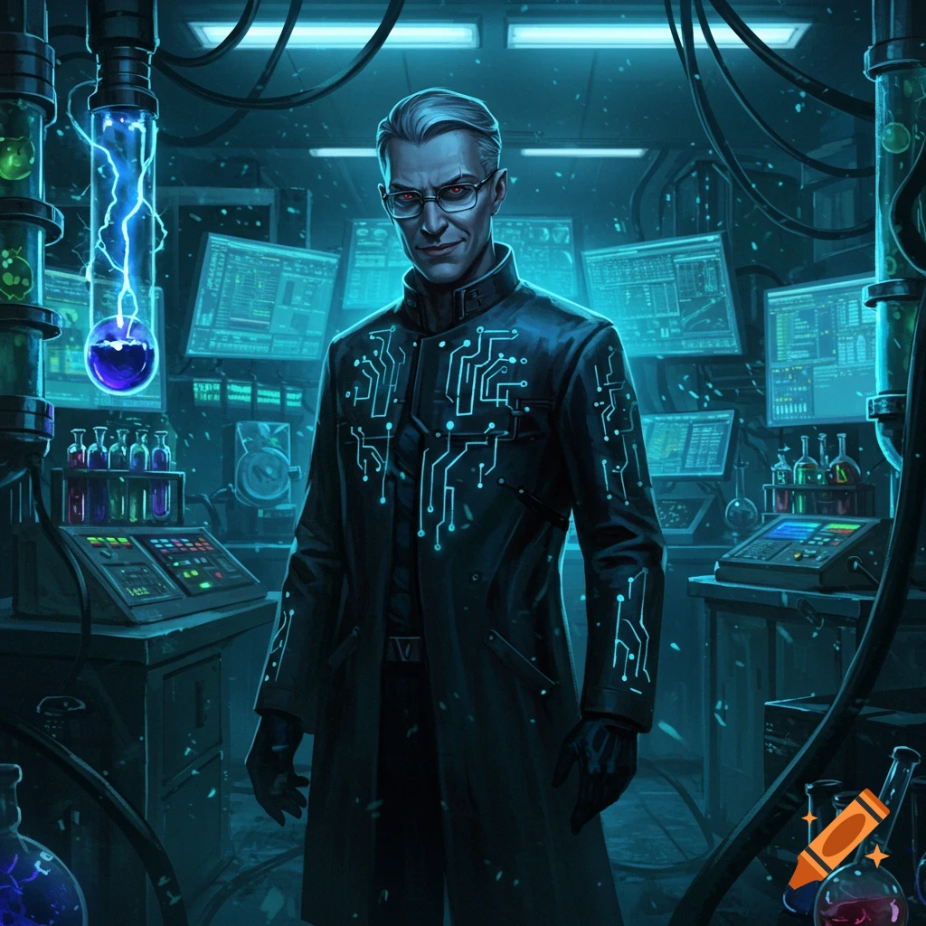 A stern scientist with glowing red eyes and a circuit-patterned coat stands in a futuristic, neon-lit laboratory with glowing screens and experiments.
