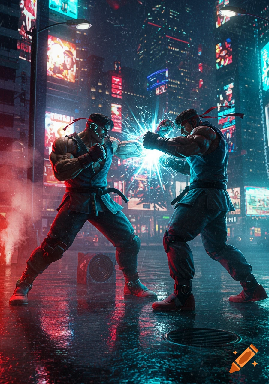 Two muscular fighters, resembling Ryu and Ken, punch each other with glowing energy fists on a rainy cyberpunk city street at night.