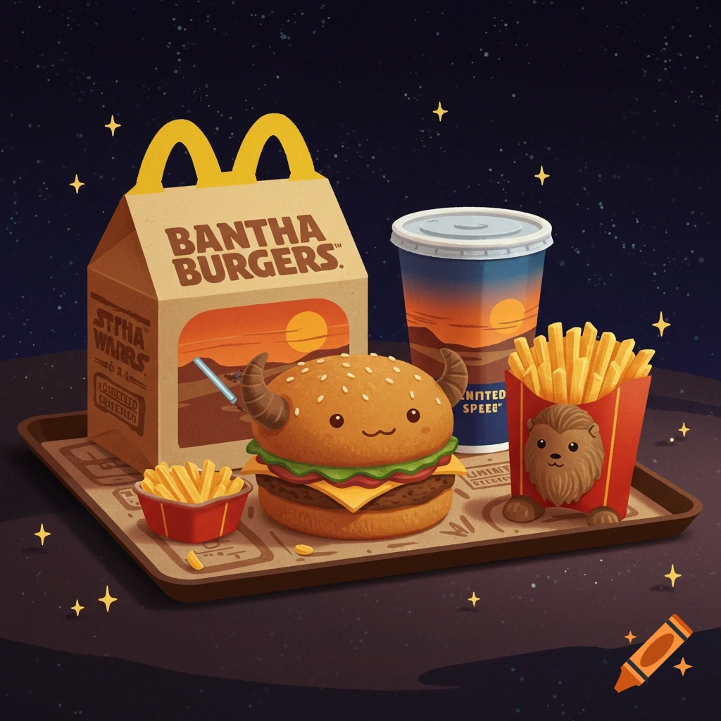 A stylized 'Bantha Burgers' happy meal with a cute burger, fries, and drink, against a starry space background.