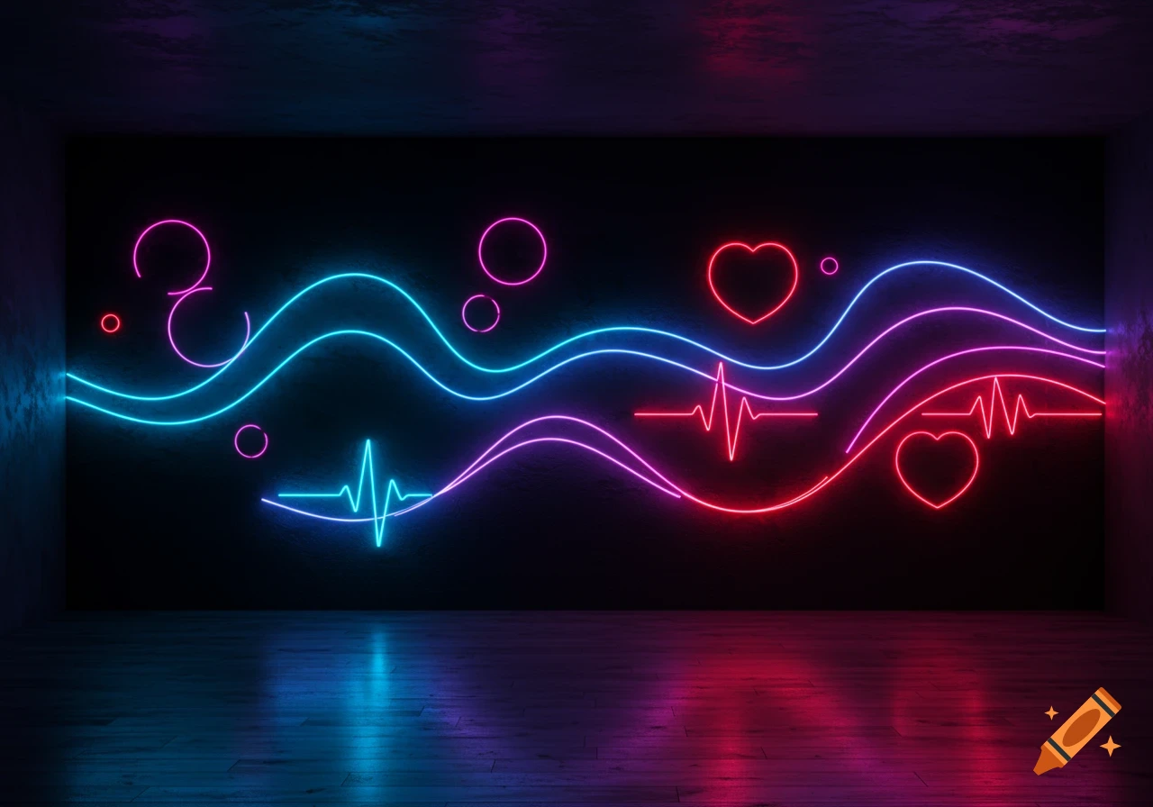 Blue and pink neon light lines forming waves, heartbeat patterns, and circles on a dark textured wall with reflections on the floor.