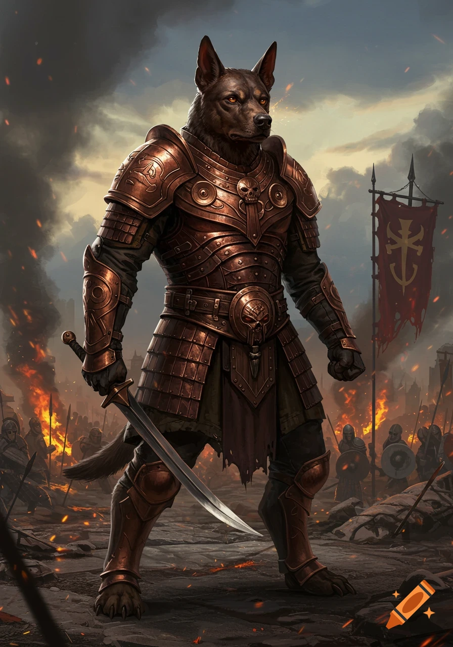 A detailed portrait of a brown dog warrior in ornate bronze armor, holding a sword on a smoky battlefield.