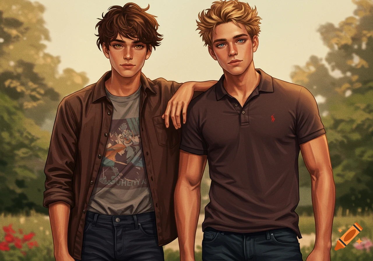Two handsome animated teenage boys, one with dark hair and a brown jacket, the other with blond hair and a polo shirt, stand outdoors.