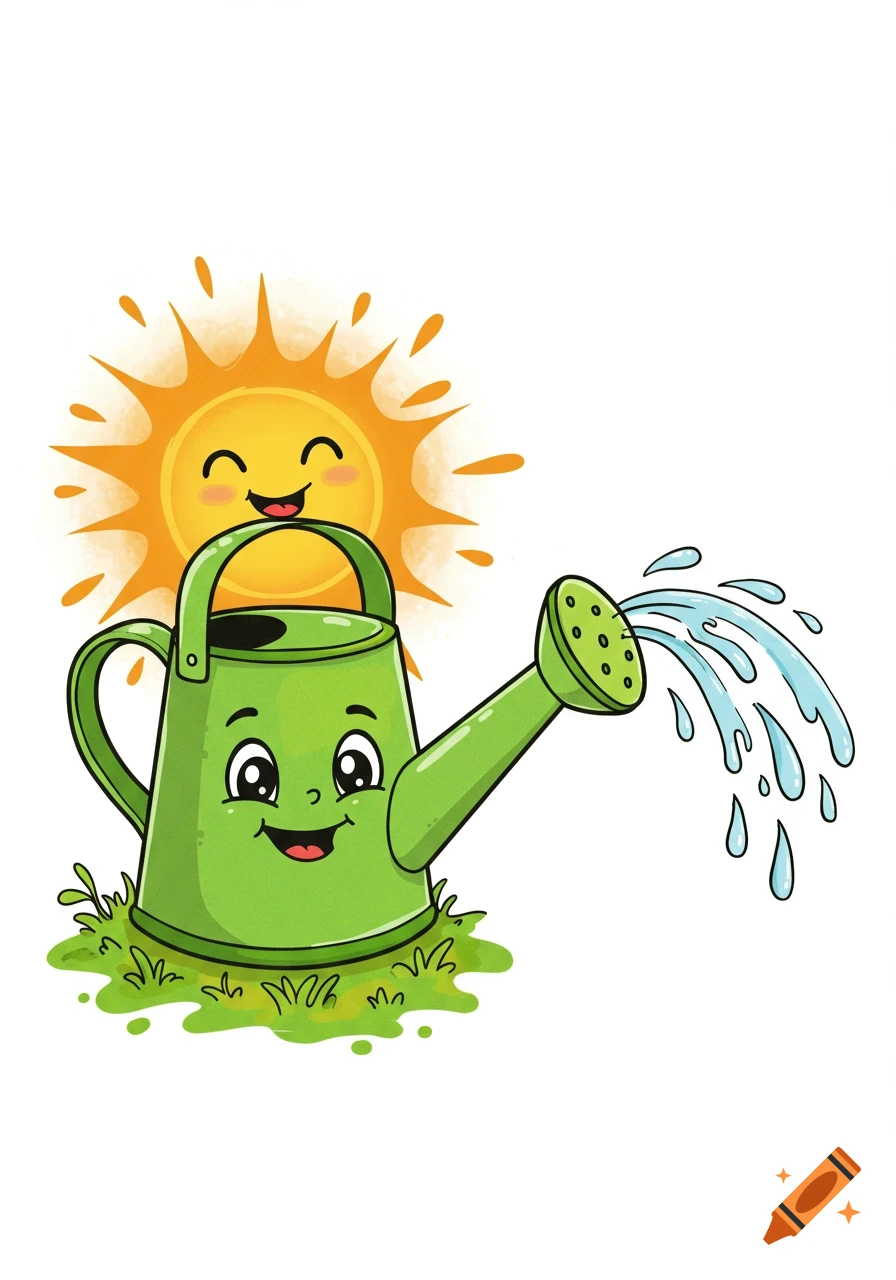 A cute cartoon sun smiles above a green watering can that smiles as it waters green grass.