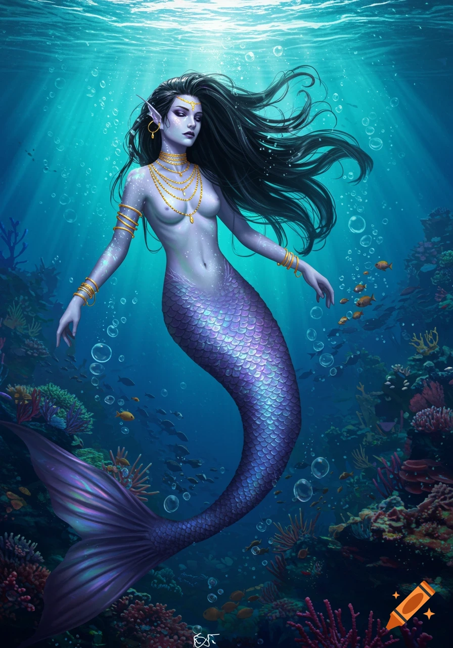 A pale-skinned mermaid with black hair and purple scales swims underwater among coral and fish, adorned with gold necklaces.