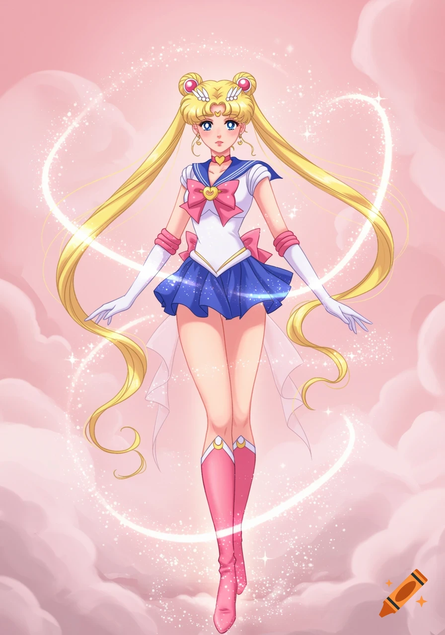 Sailor Moon in her classic uniform, surrounded by sparkling magic, on a soft pink cloudy background in a vibrant anime style.