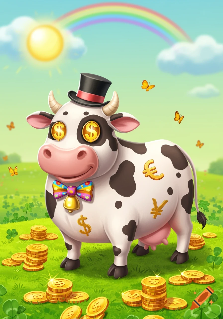 A cheerful cartoon cow wearing a top hat and a colorful bow tie stands in a field of gold coins, with currency symbols on its body and eyes, under a rainbow.