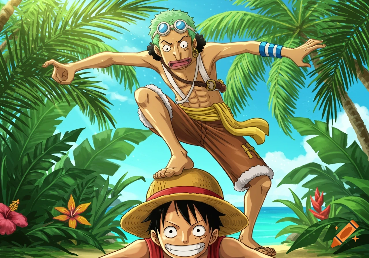 Usopp stands with one foot on Luffy's head, both characters wide-eyed, in a lush tropical setting with palm trees and flowers.