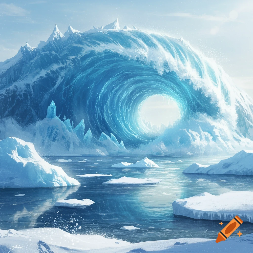A massive, spiraling frozen blue tsunami wave crashes through an icy landscape with snow-capped mountains and icebergs on a frozen lake.