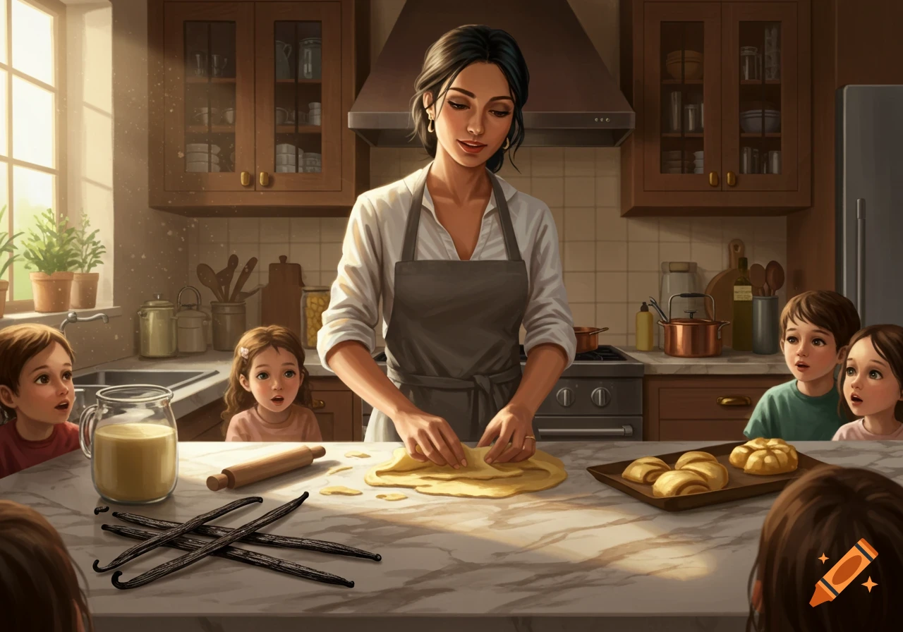 A woman bakes pastry with dough on a marble counter, surrounded by several children watching eagerly in a sunlit kitchen with vanilla beans nearby.