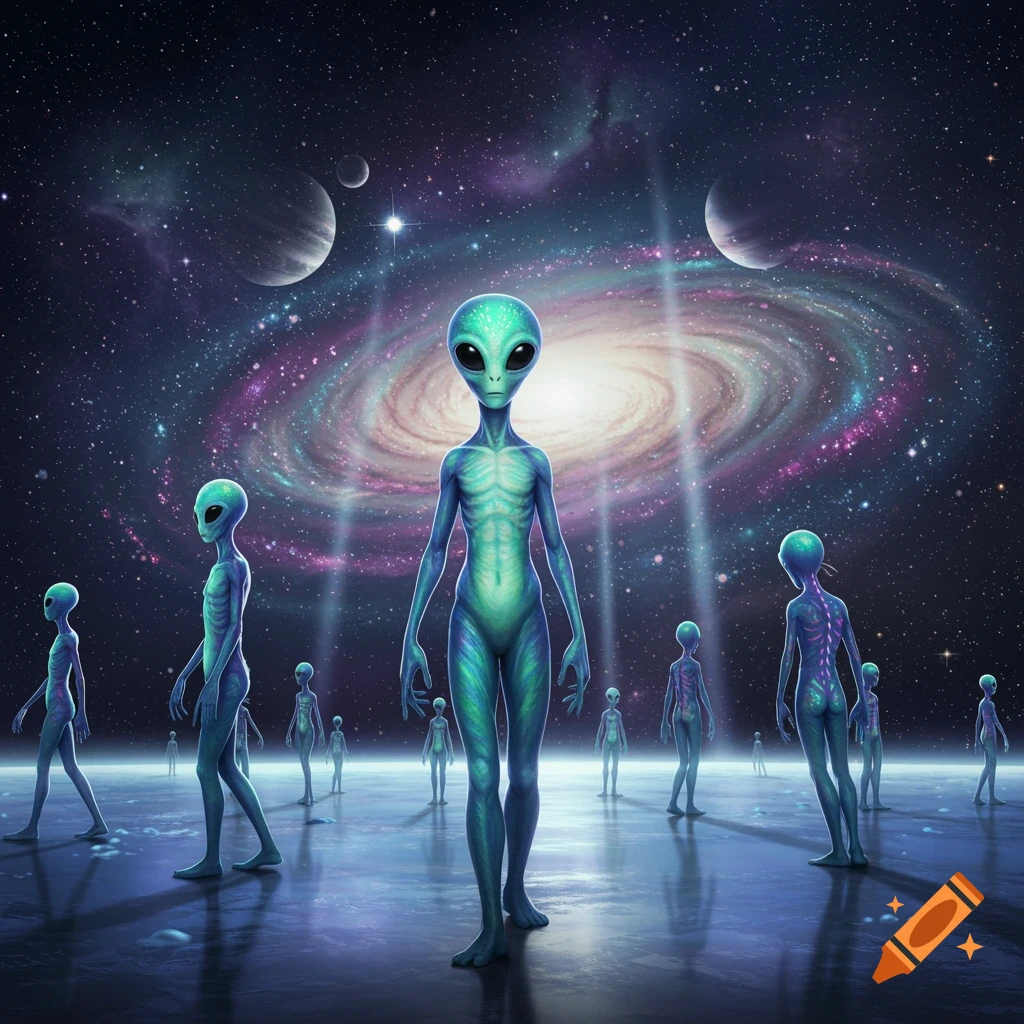 Numerous grey-blue aliens with large eyes on a reflective floor, set against a vibrant galaxy and starry cosmic background.