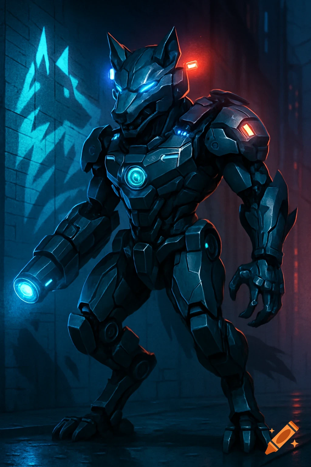 A stylized bipedal wolf-like robot in dark armored plating with glowing blue eyes and red/blue lights, standing in a dark, neon-lit alley.