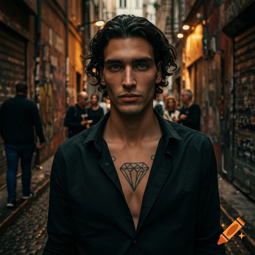 A photorealistic portrait of a man with dark wavy hair, gray eyes, and a diamond tattoo on his chest, standing in a crowded alleyway.