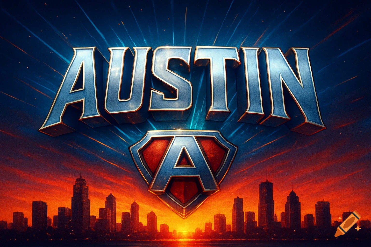 Superhero-style 'AUSTIN' text logo with a shield and cityscape at sunset.