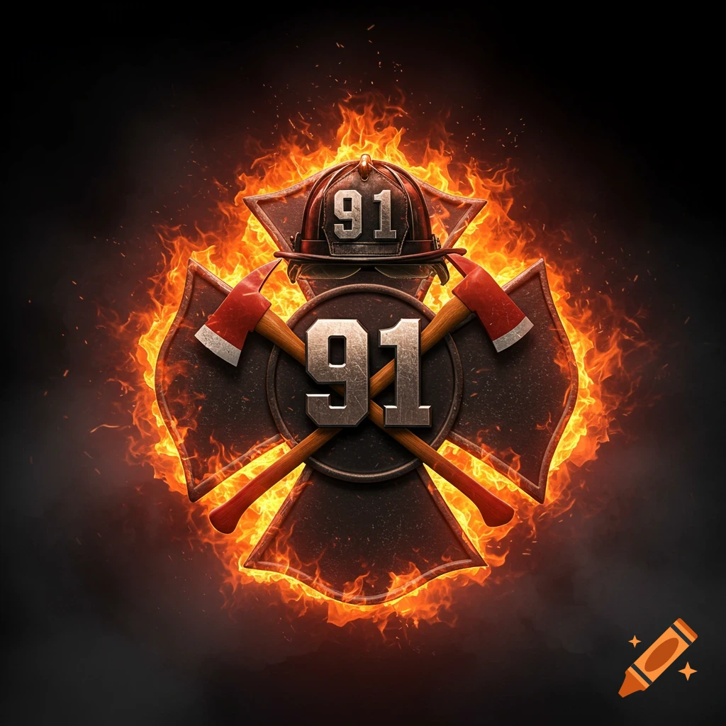 A fiery firefighter Maltese cross with the number 91, crossed axes, and a helmet, on a dark background.
