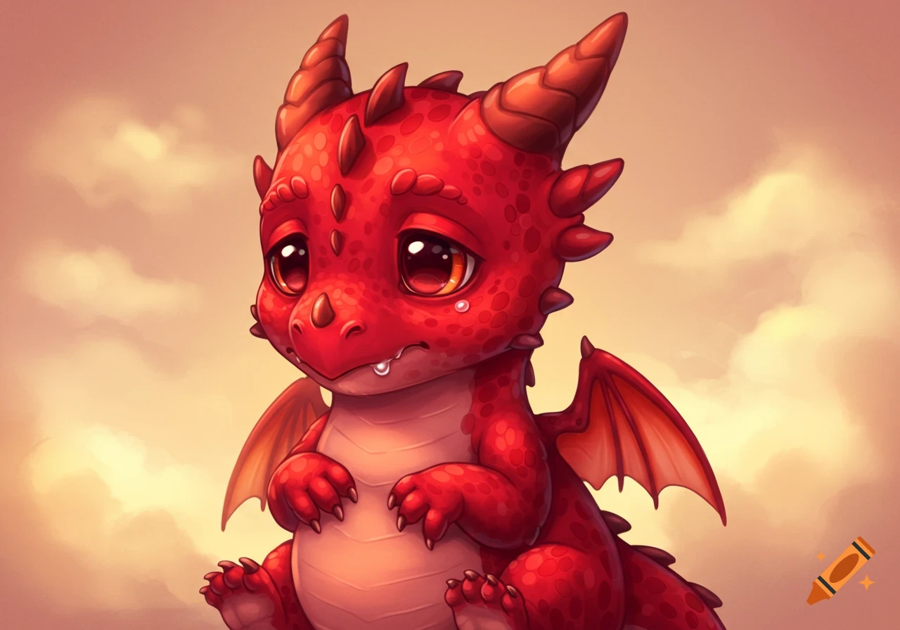A cute, sad, red baby dragon with large eyes and a tear, sitting against a soft, cloudy background in an illustrative style.
