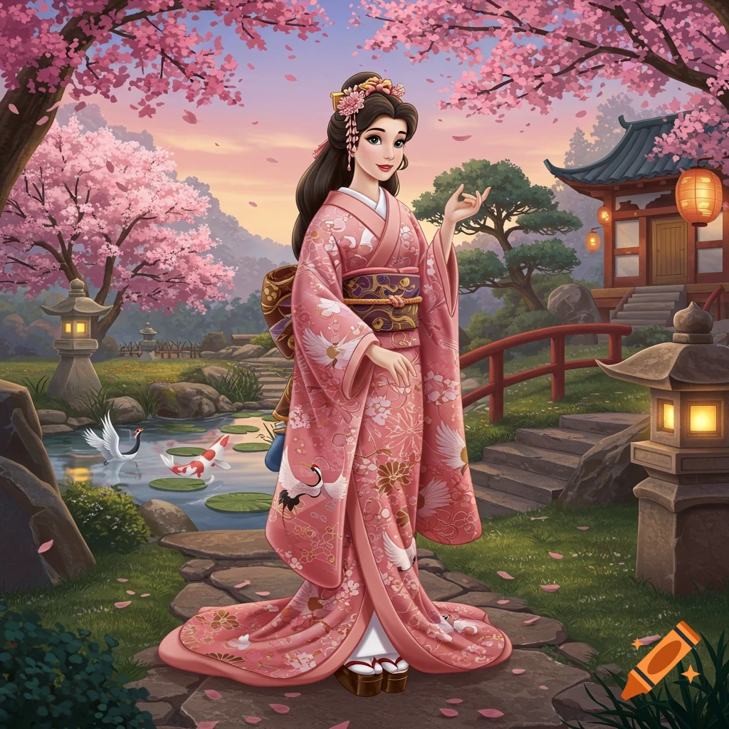 A Disney-style princess in a pink kimono with crane patterns stands in a Japanese garden with cherry blossoms.