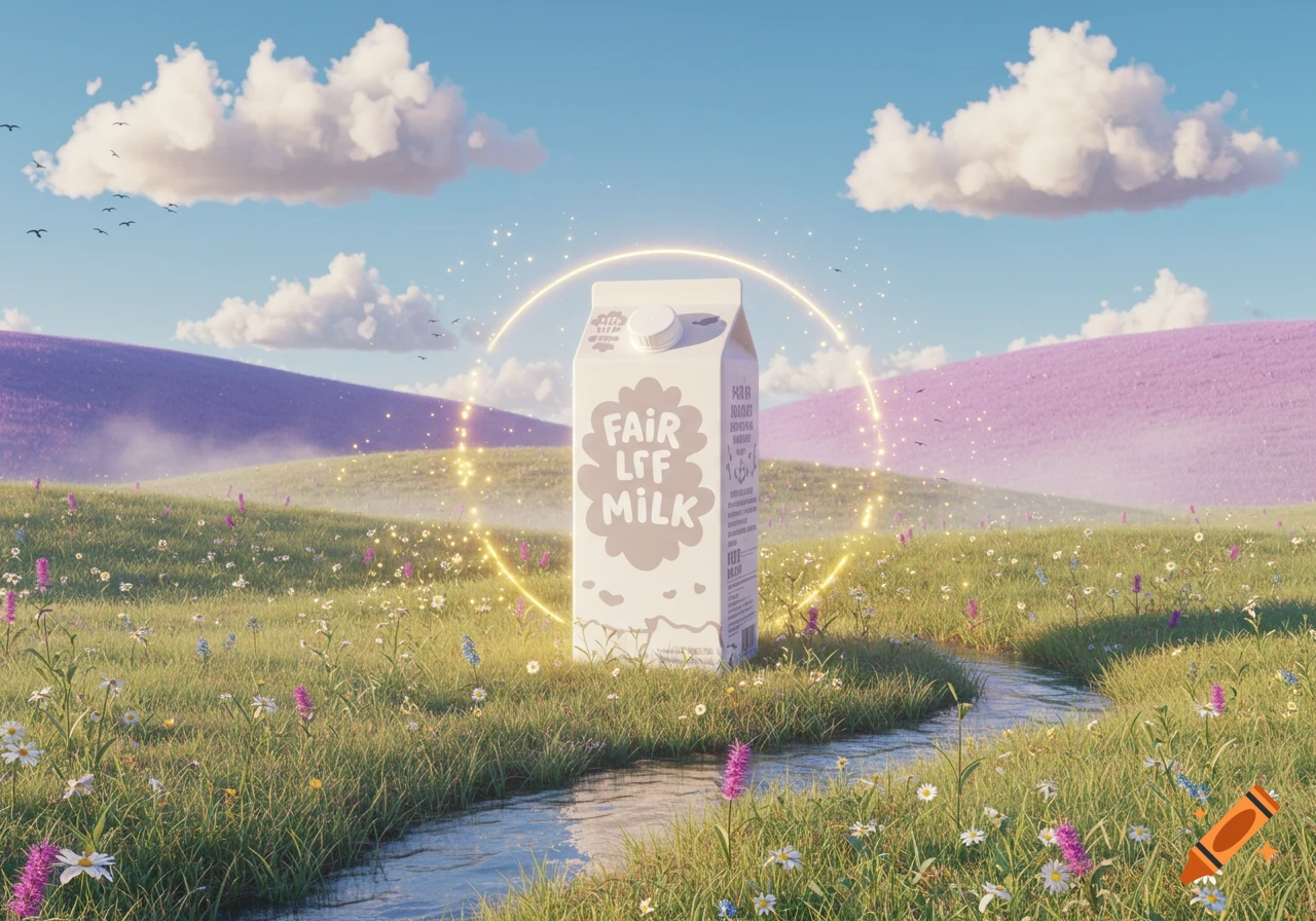 A photorealistic milk carton with glowing light in a vibrant meadow with a stream, flowers, and purple hills under a blue sky.