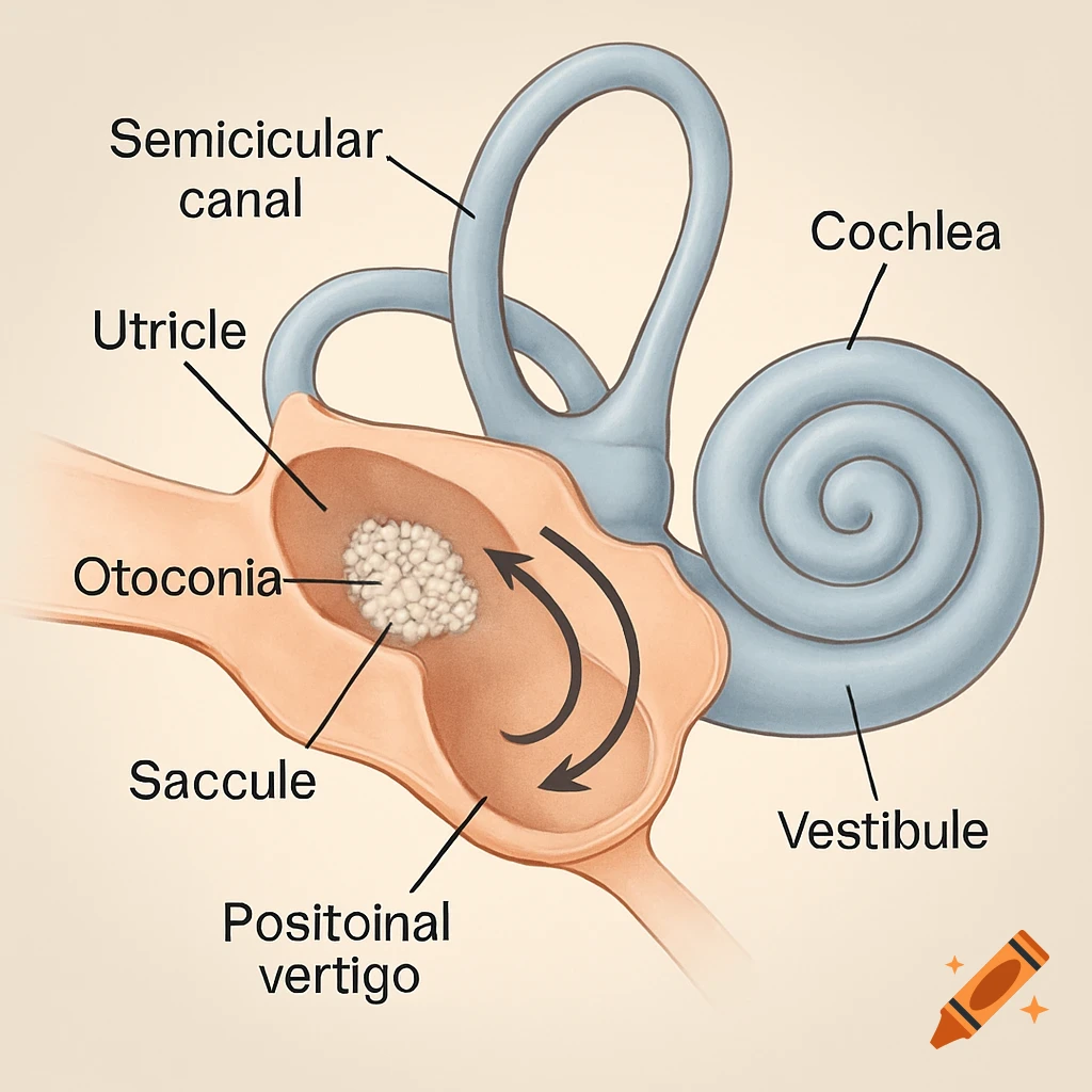 Diagram of the inner ear showing labeled parts including semicircular canal, cochlea, utricle, saccule, vestibule, and otoconia with arrows.