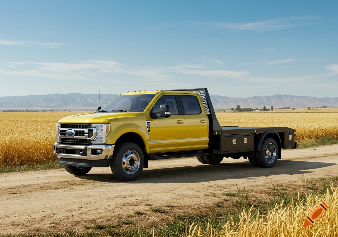 A bright yellow Ford F-550 crew cab truck with a black flatbed parked on a dirt road in a golden field under a blue sky.