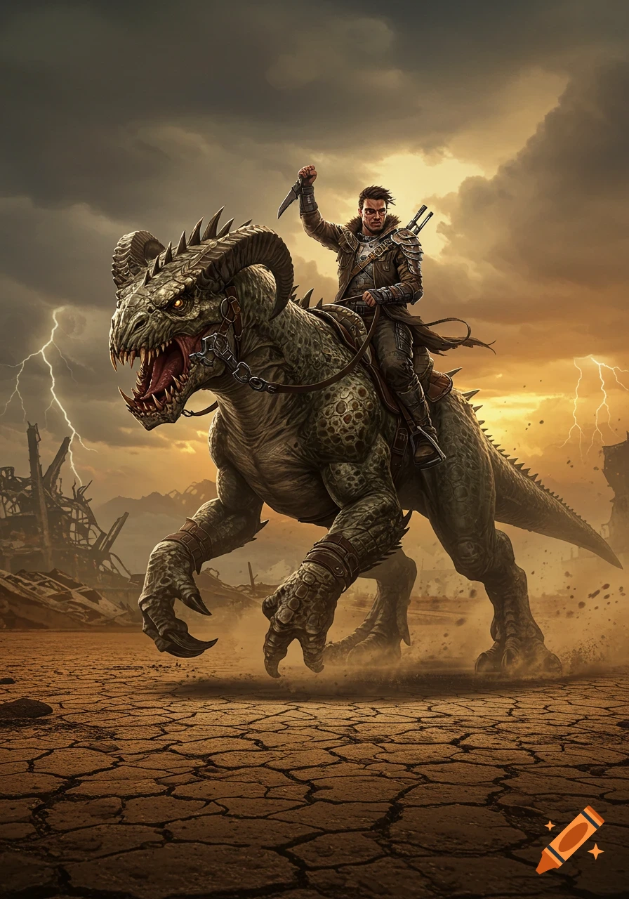 A man on a horned reptilian creature rides across a cracked desert under a stormy sky with lightning.