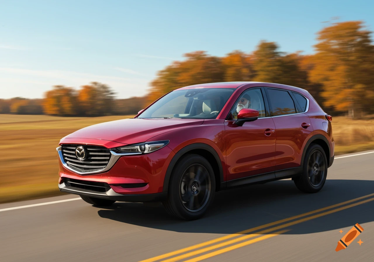 A red Mazda SUV with a man with a white beard and baseball cap driving on a road lined with autumn trees.