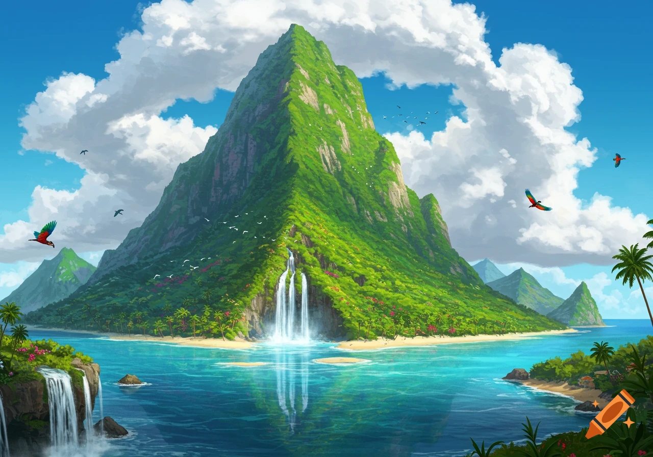 Vibrant illustration of a lush tropical island with a towering green mountain, waterfalls, turquoise ocean, sandy beaches, and flying birds.